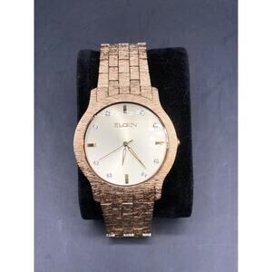 Elgin Men's Dress Watch Round Gold Dial Gold Tone Bracelet New Battery